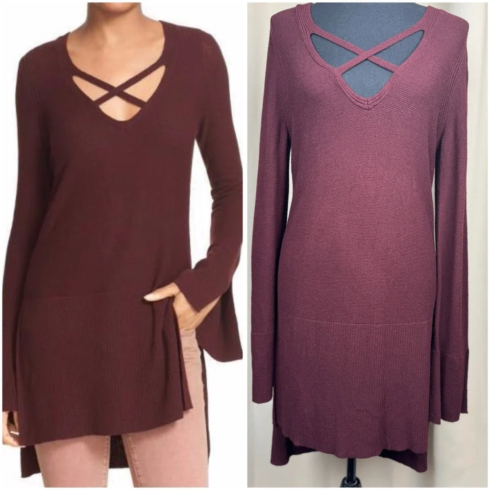 Free People‎ Casual Bohemian Crisscross Sweater Top Hi low Color Wine size M